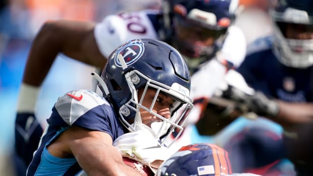 Tennessee Titans wide receiver C.J. Board (80) is stopped on a punt return in the second quarter at Nissan Stadium Sunday, Nov. 13, 2022, in Nashville, Tenn.